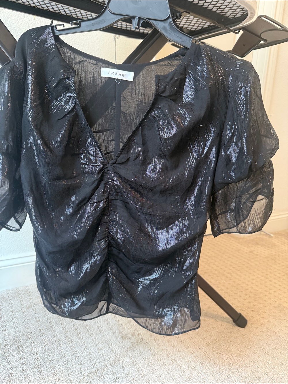 Frame Denim Black Metallic Ruched Sheer Blouse